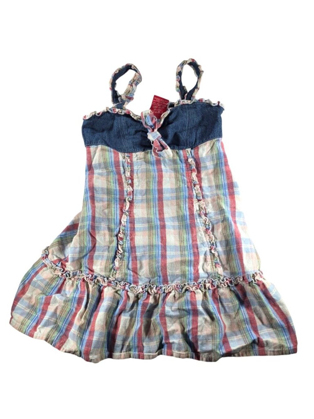 Esprit Kids Plaid Linen-Cotton Sundress Denim Top Ruffle Trim Size 4T dress